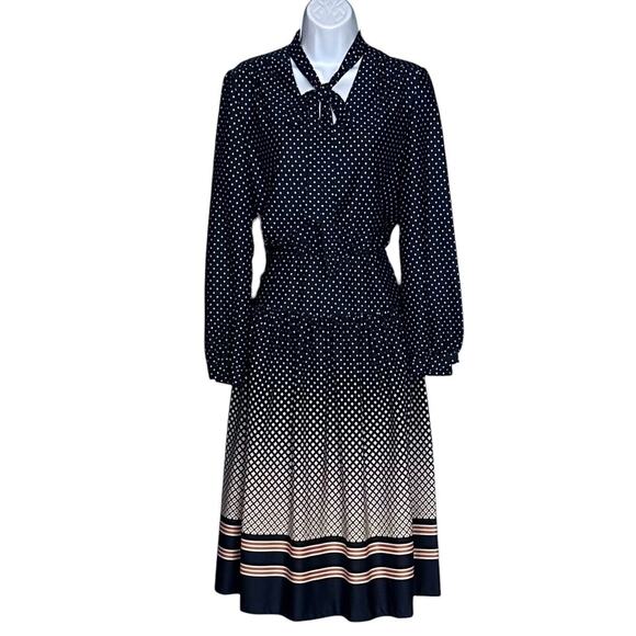 Vintage 70s R&K Knits Midi Dress Navy Blue Retro Scarf Neck Long Sleeve Sz Small - Picture 1 of 10